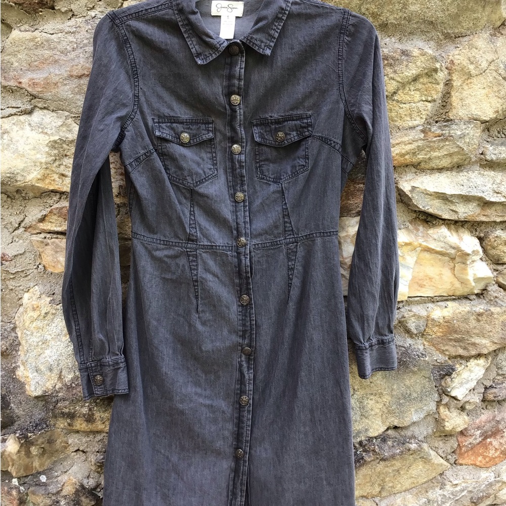 Jessica Simpson Charcoal Gray Long Sleeve Button-Front Dress